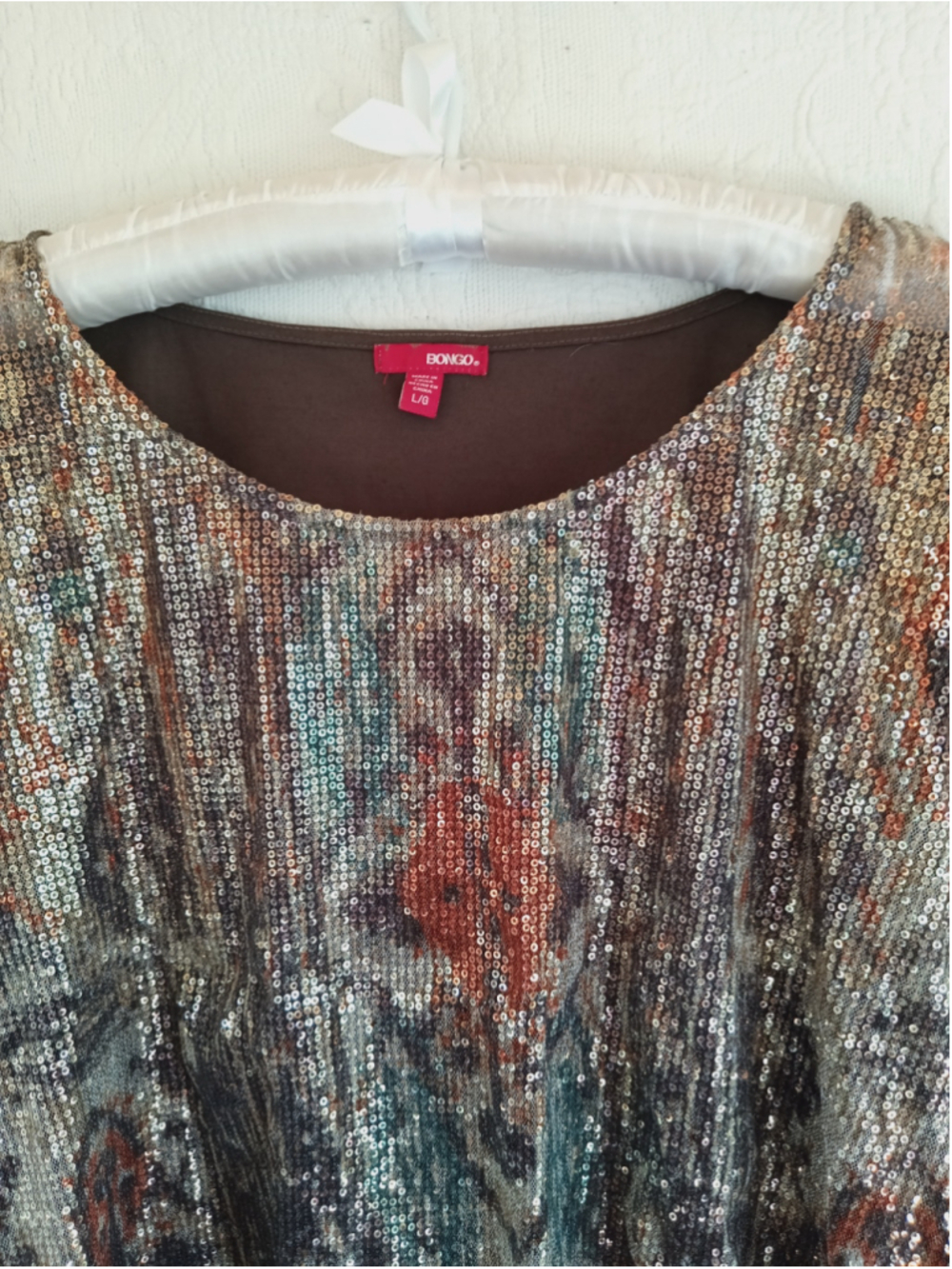 Bongo Sequin Dolman Blouse Brown Copper western tribal boho metallic sparkle LG - Picture 4 of 11